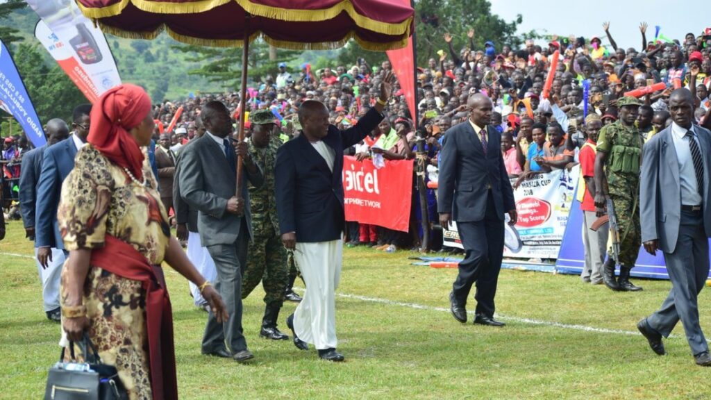 Kabaka of Buganda visiting Kabaka's Lake during the annual cultural expo, surrounded by traditional ceremonies and festivities