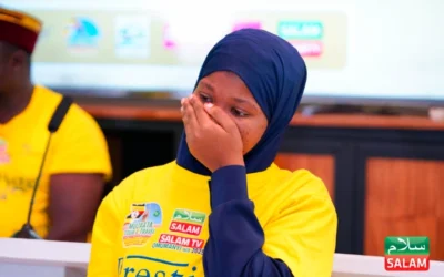 Hadiyyah Namatovu celebrating her victory at the Omumanyi wa Salam TV grand finale.