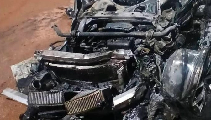 Burnt wreckage of Rajiv Ruparelia’s Nissan GTR at Busabala Flyover